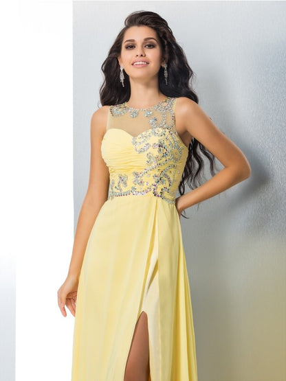 A-Line/Princess Sheer Neck Beading Sleeveless Long Chiffon Dresses