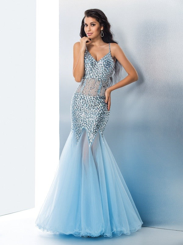 Trumpet/Mermaid Spaghetti Straps Sequin Sleeveless Long Tulle Dresses