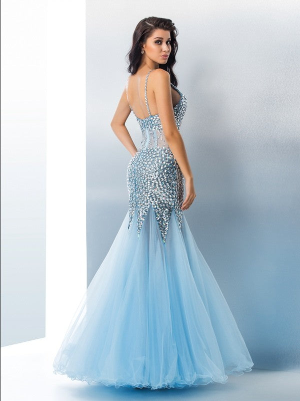 Trumpet/Mermaid Spaghetti Straps Sequin Sleeveless Long Tulle Dresses