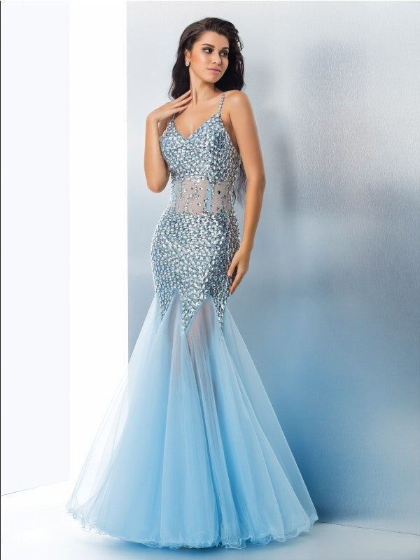 Trumpet/Mermaid Spaghetti Straps Sequin Sleeveless Long Tulle Dresses