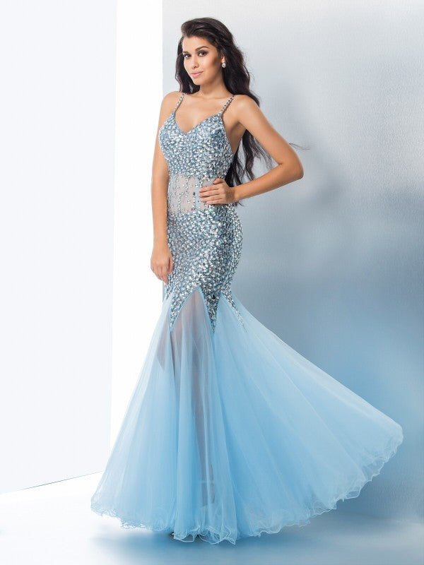 Trumpet/Mermaid Spaghetti Straps Sequin Sleeveless Long Tulle Dresses