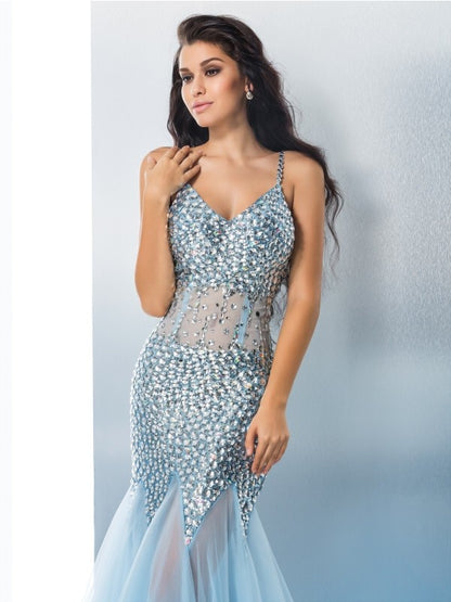 Trumpet/Mermaid Spaghetti Straps Sequin Sleeveless Long Tulle Dresses