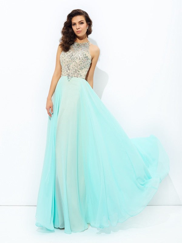 A-line/Princess Jewel Beading Sleeveless Long Chiffon Party Dresses Formal Dresses