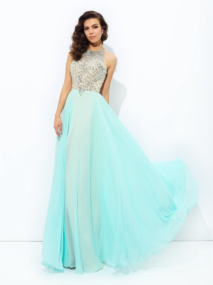 A-line/Princess Jewel Beading Sleeveless Long Chiffon Party Dresses Formal Dresses