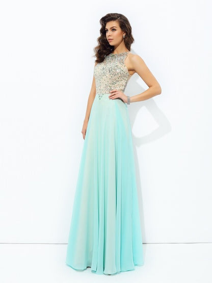 A-line/Princess Jewel Beading Sleeveless Long Chiffon Party Dresses Formal Dresses