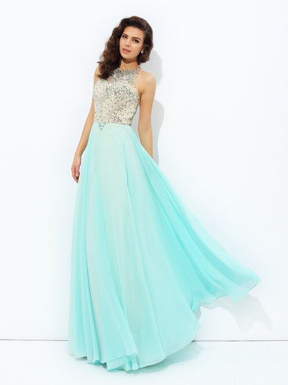 A-line/Princess Jewel Beading Sleeveless Long Chiffon Party Dresses Formal Dresses