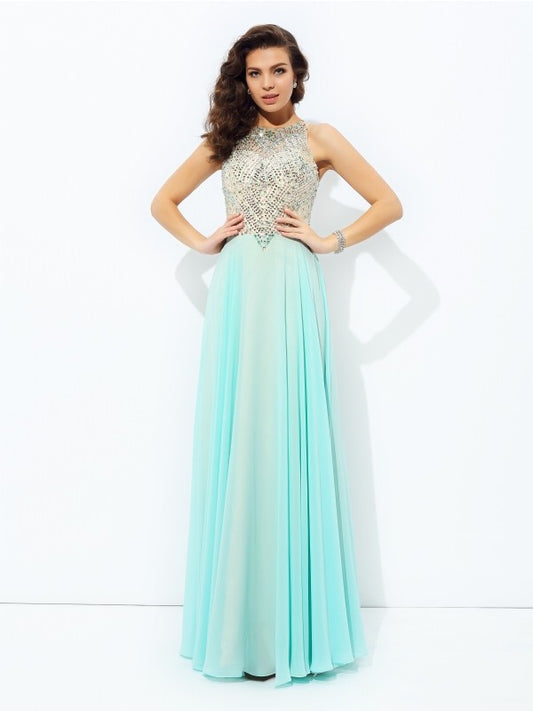 A-line/Princess Jewel Beading Sleeveless Long Chiffon Party Dresses Formal Dresses