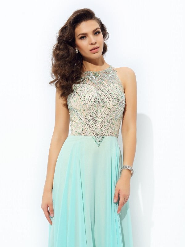 A-line/Princess Jewel Beading Sleeveless Long Chiffon Party Dresses Formal Dresses