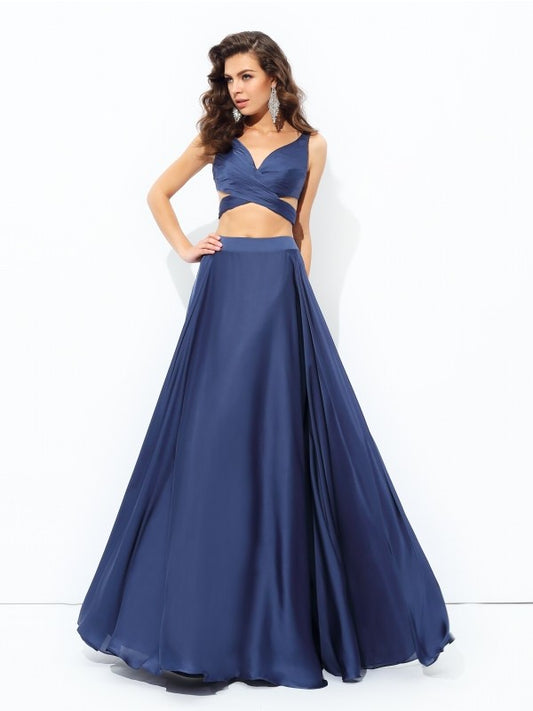 A-line/Princess Straps Sleeveless Long Satin Chiffon Two Piece Dresses