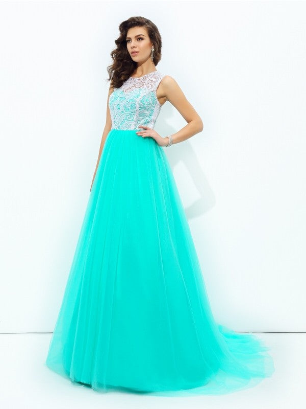 A-line/Princess Scoop Lace Sleeveless Long Net Dresses