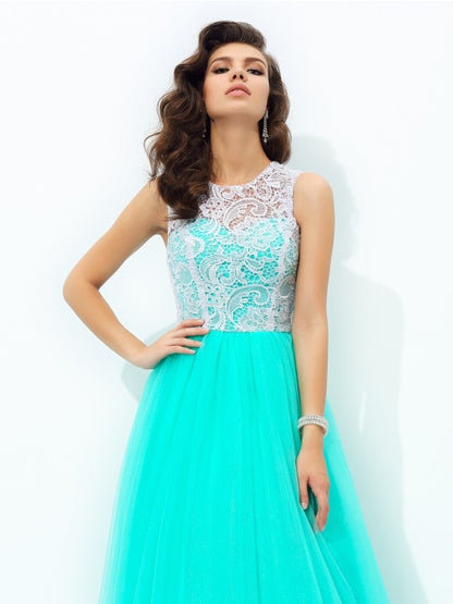 A-line/Princess Scoop Lace Sleeveless Long Net Dresses