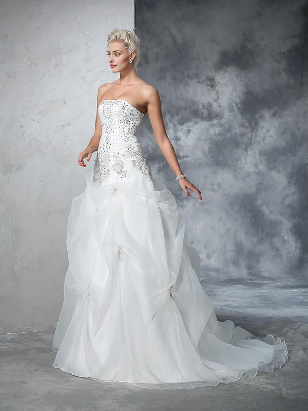 Autumn Winter Strapless Beading Sleeveless Long Irregular Organza Gorgeous Wedding Dresses