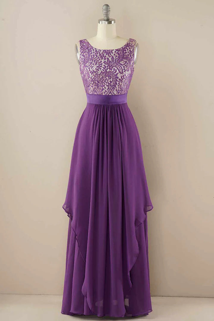 Purple Round neck Lace Jewel Sleeveless Tiered Pleats Bridesmaid Dress ﻿