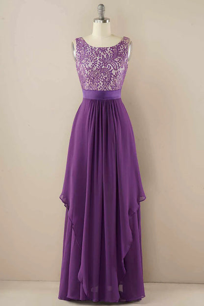 Purple Round neck Lace Jewel Sleeveless Tiered Pleats Bridesmaid Dress ﻿