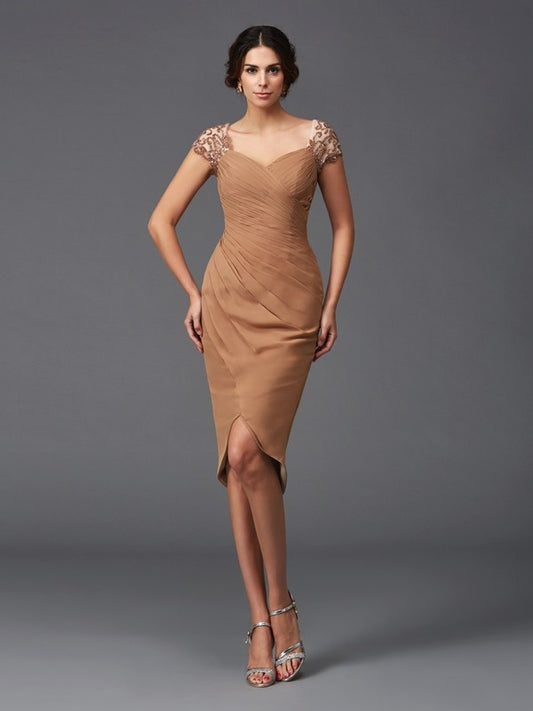 Sheath/Column Sweetheart Applique Short Sleeves High Low Chiffon Cocktail Dresses Homecoming Dresses