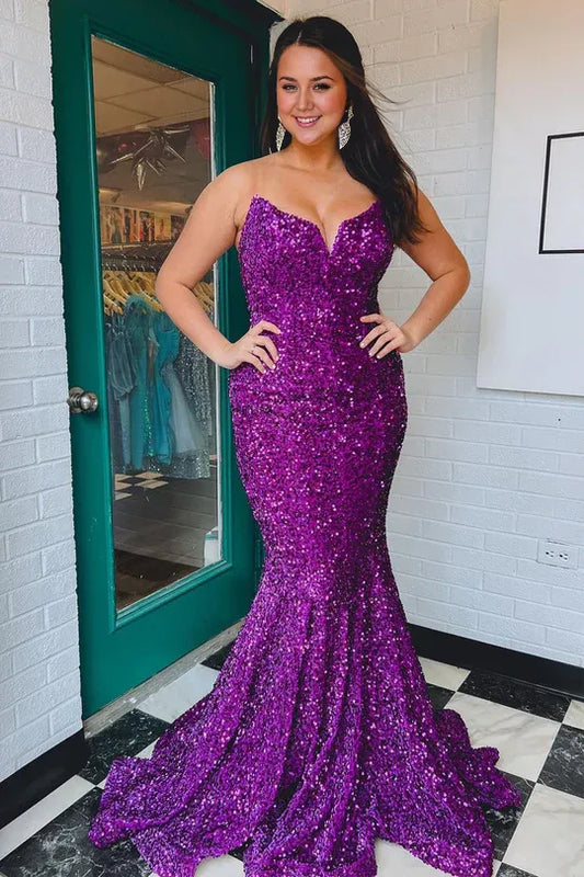 Sparkly Mermaid Strapless Off-the-Shoulder Purple Sequins Long Prom Dresses