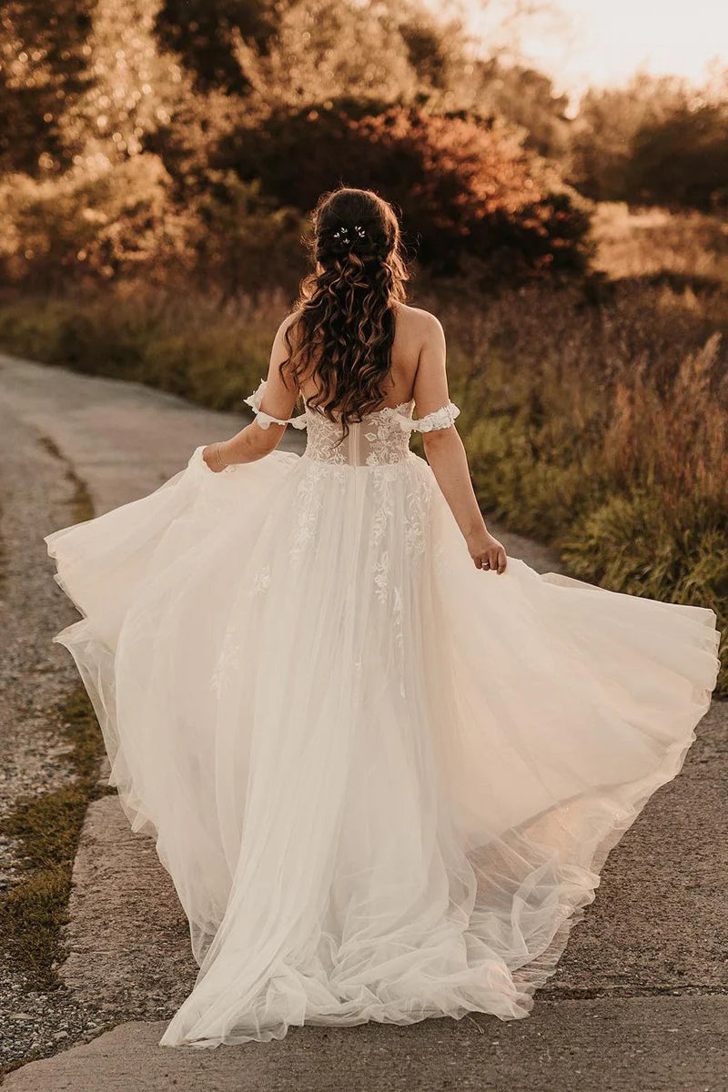Fairy A Line Off-the-Shoulder V-Neck Sweetheart Tulle  Floor-Length Wedding Dresses with Slit