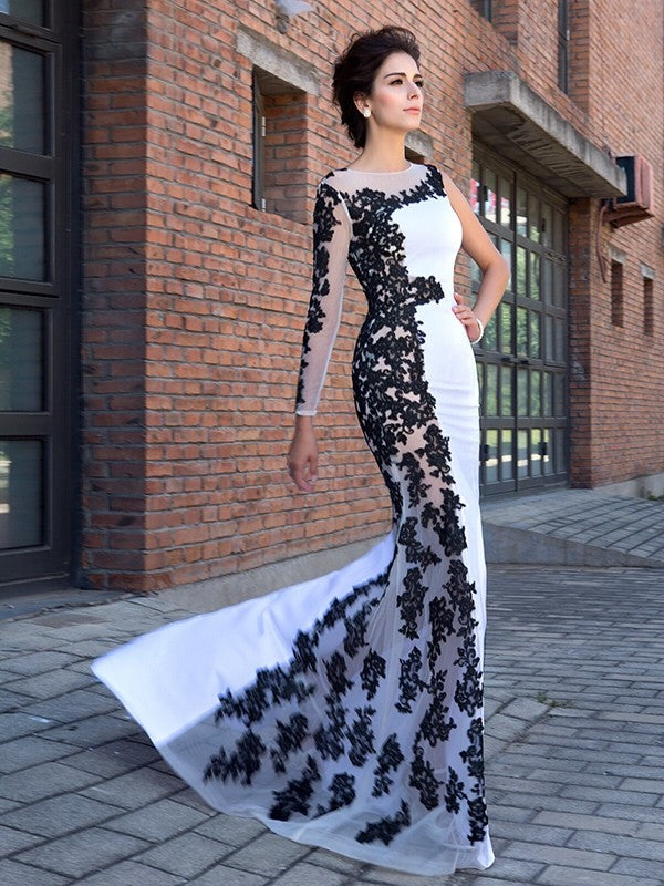 Trumpet/Mermaid Scoop Applique Long Sleeves Long Chiffon Dresses