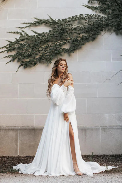 Bohemian V-Neck Off the Shoulder White Chiffon Long Wedding Dresses with Sleeves