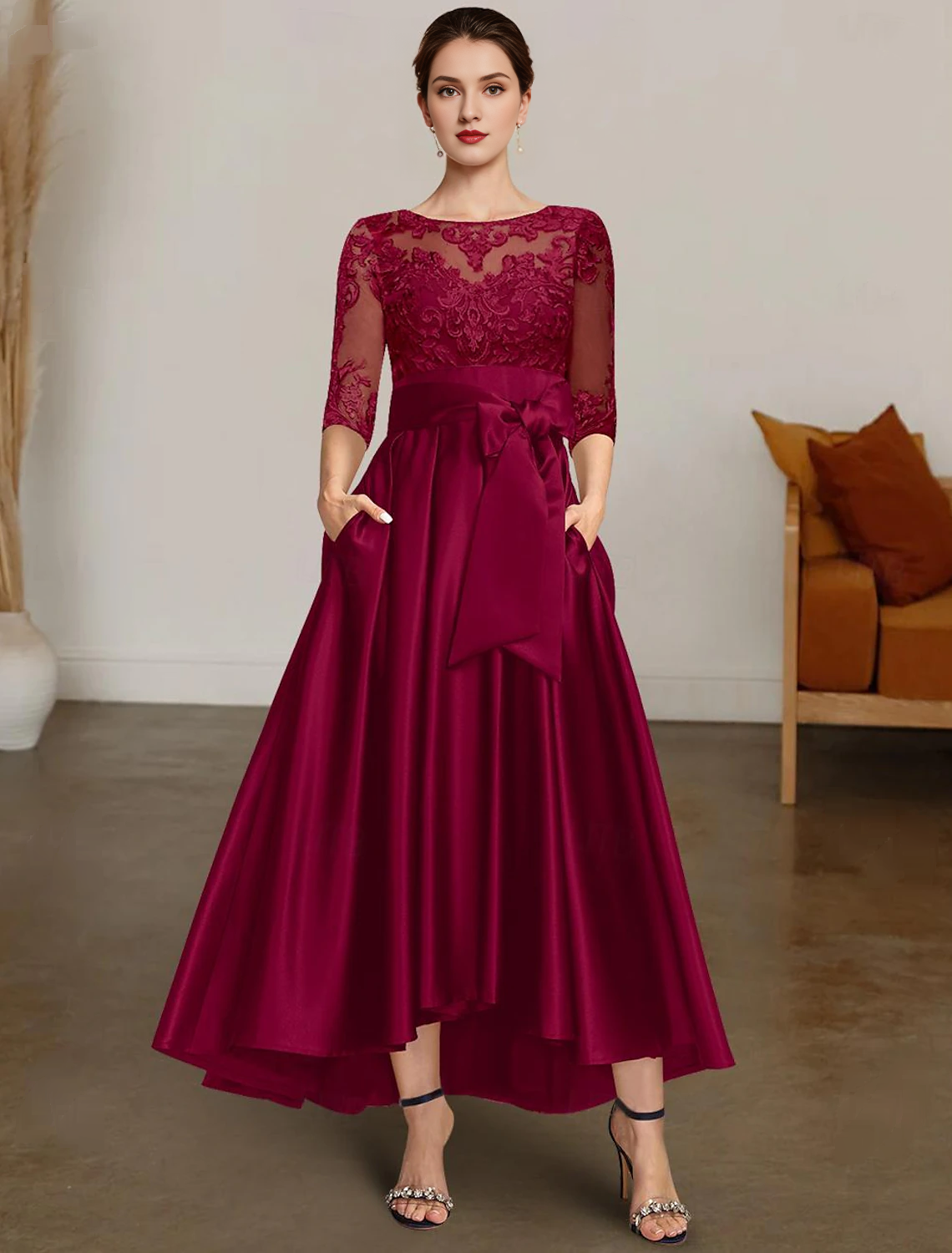 Chrismas Dress Mother of the Groom / Bride Dress A-Line High Low Bateau Neck Asymmetrical Satin Lace  Length Sleeve Lace Sash Elegant Formal Fall Wedding Guest