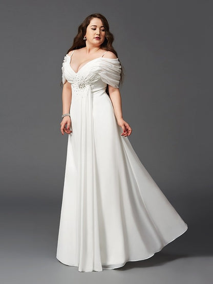 A-Line/Princess Off-the-Shoulder Ruched Short Sleeves Long Chiffon Plus Size Dresses