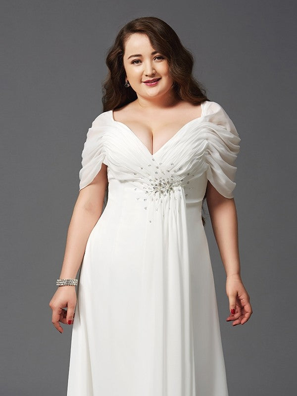 A-Line/Princess Off-the-Shoulder Ruched Short Sleeves Long Chiffon Plus Size Dresses