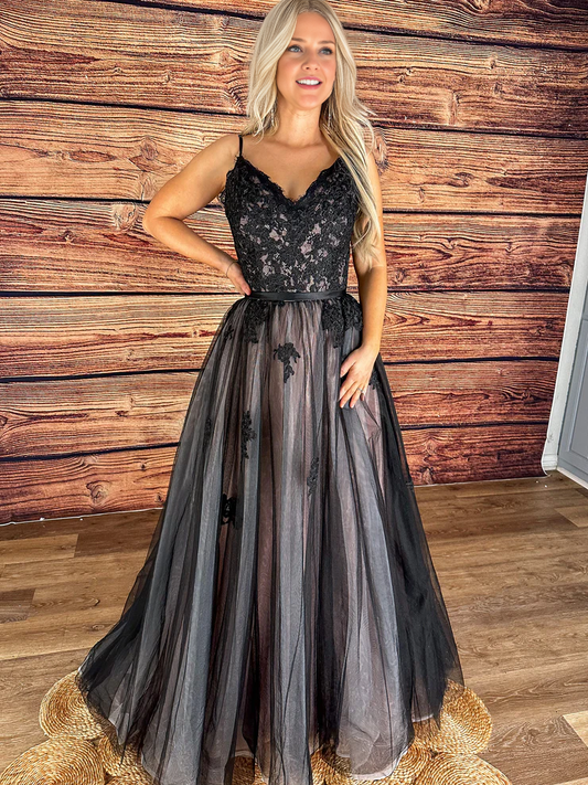 A-line V Neck Spaghetti Straps Evening Dress Lace Applique Tulle fiesta largos gala Fall November Wedding Guest Dress