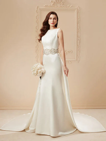 Wedding Dresses Bateau Neck Cathedral Train Satin Regular Straps Vintage Inspired with Beading