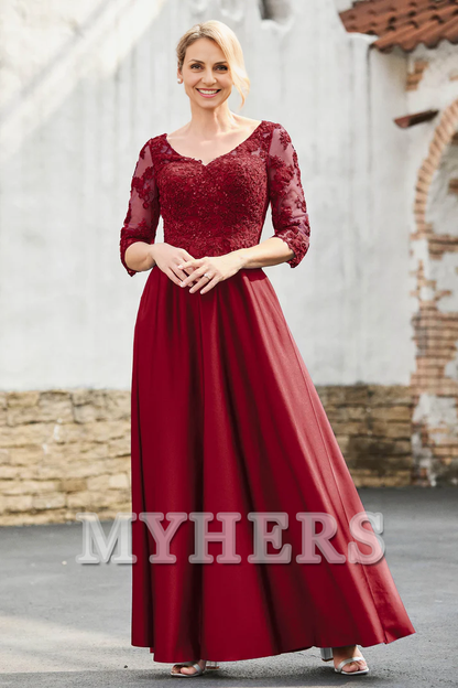 My Hers New Product Mother of The Bride Dress A-Line Satin V-neck Delicate Lace Applique Dress Elegant Wedding Guests Dresses