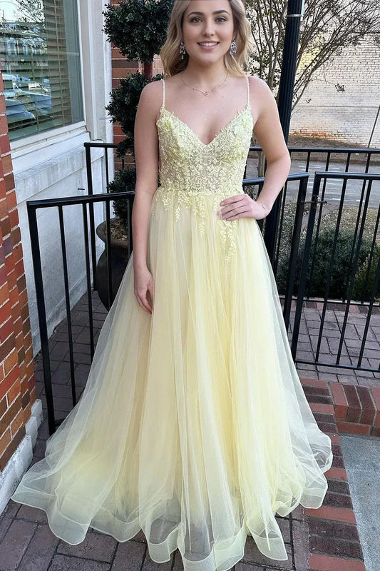 Cute A Line V Neck Spaghetti Strap Daffodil Tulle Lace-Up Back Prom Dress with Appliques