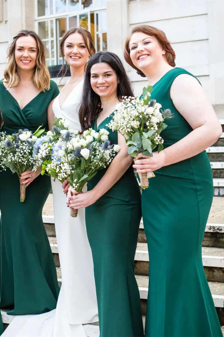 Hunter Green V-Neck Mermaid Pleats Split Fork Long Bridesmaid Dress