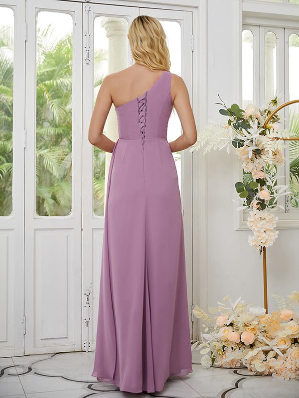 One Shoulder Pleated Charming Chiffon Side Fork Long Bridesmaid Dresses Wedding Guests Dresses