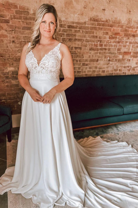 White V-Neck Floral Lace Open Back Backless Mopping The Floor Long Bridal Gown