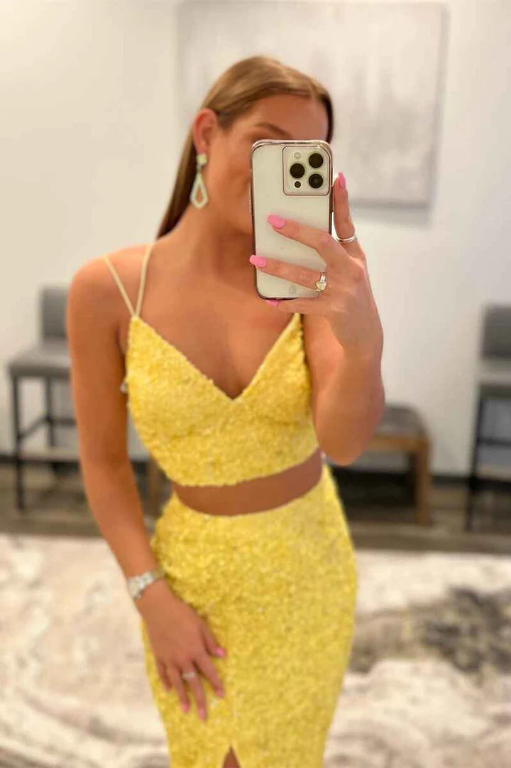 Two Piece  Sequins Long Prom Dress