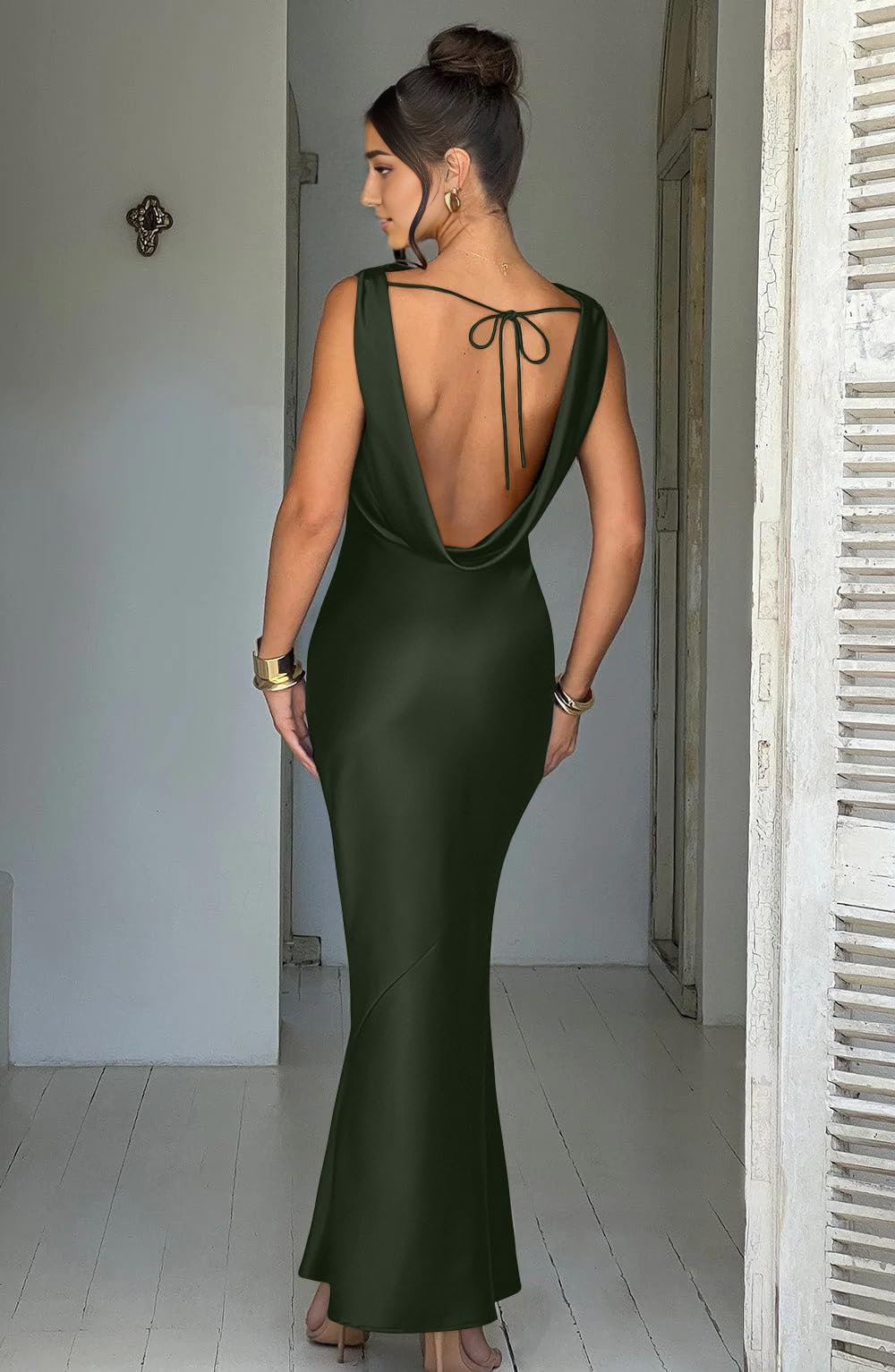 Wedding Guest Dresses Women's Satin Elegant Sleeveless High Neck Tie Cocktail Party Maxi Dress Evening Dresses Formal Dresses