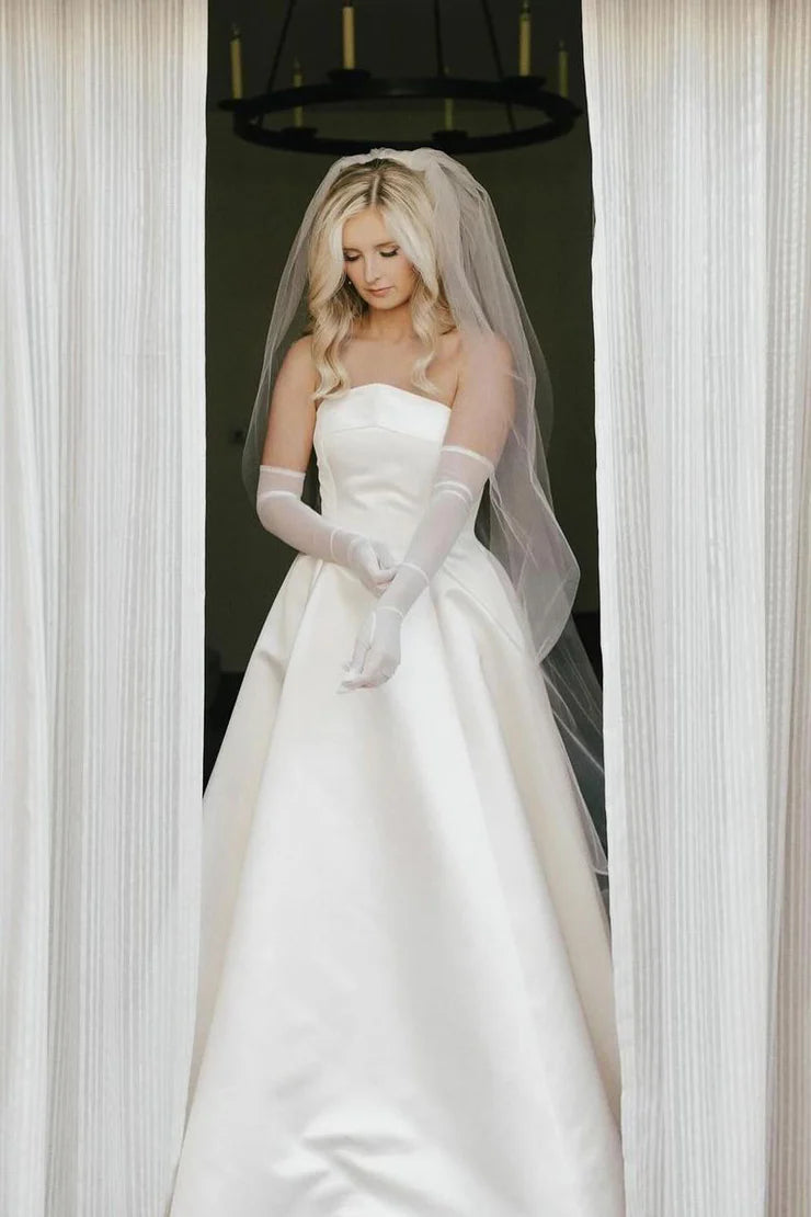 A-Line Strapless Off-the-Shoulder Satin Floor-Length Wedding Dresses with Train