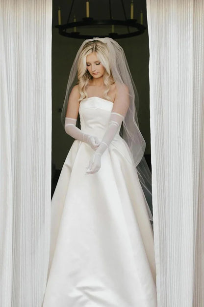 A-Line Strapless Off-the-Shoulder Satin Floor-Length Wedding Dresses with Train