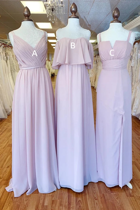 V-Neck/Square neck/Off-the-Shoulder Mismatched Pink Chiffon Long Bridesmaid Dress