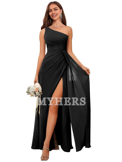 One Shoulder Pleated Charming Chiffon Side Fork Long Bridesmaid Dresses Wedding Guests Dresses