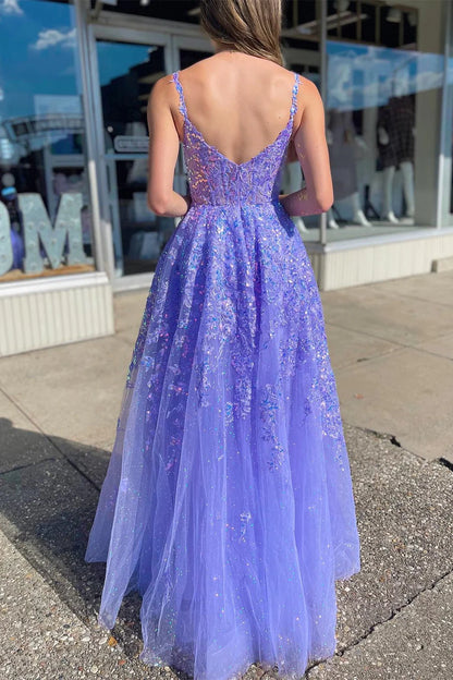 Tulle Sequin Scoop Neck A-Line Long Dress with Slit