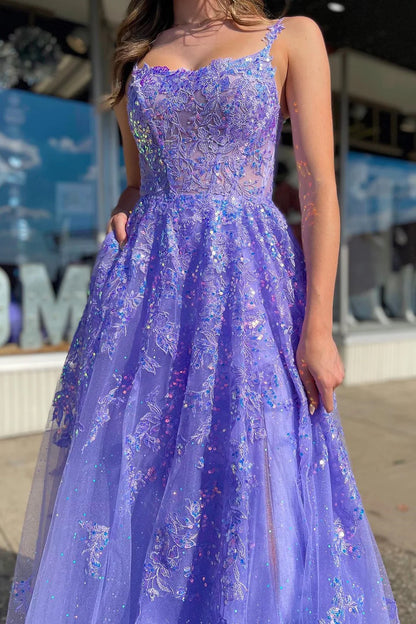 Tulle Sequin Scoop Neck A-Line Long Dress with Slit