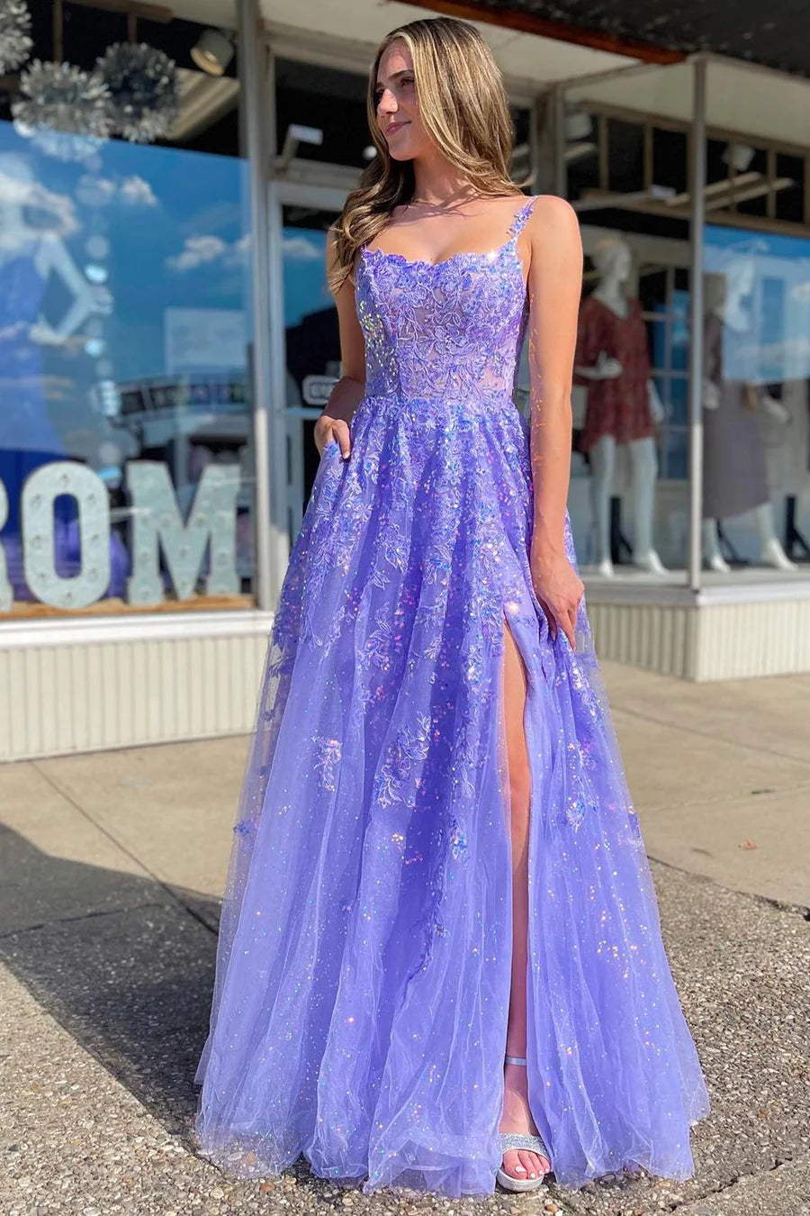 Tulle Sequin Scoop Neck A-Line Long Dress with Slit