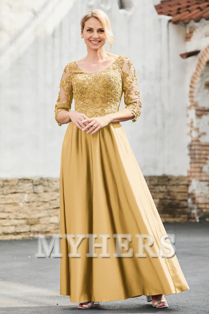 My Hers New Product Mother of The Bride Dress A-Line Satin V-neck Delicate Lace Applique Dress Elegant Wedding Guests Dresses