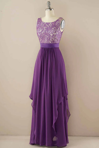 Purple Round neck Lace Jewel Sleeveless Tiered Pleats Bridesmaid Dress ﻿