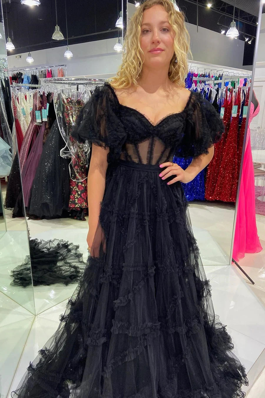 Sheer Corset Ruffles A-Line Prom Dress with Puff Sleeves