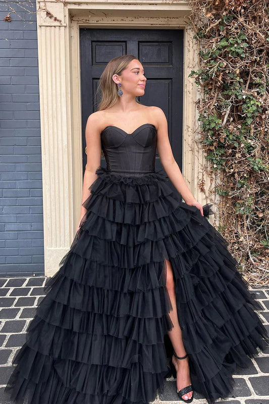 Cute Ball Gown Sweetheart Off-the-Shoulder Black Tulle Long Prom Dresses with Slit