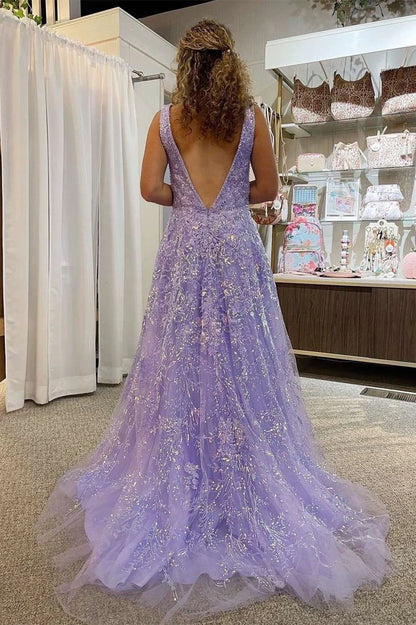 Floral Lace Plunge Neck A-Line Prom Dress