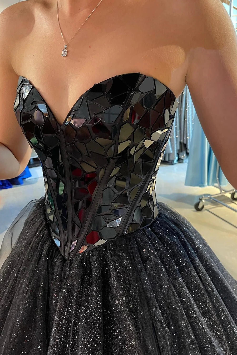 Princess  Cut Glass Mirror Sweetheart A-Line Long Prom Gown