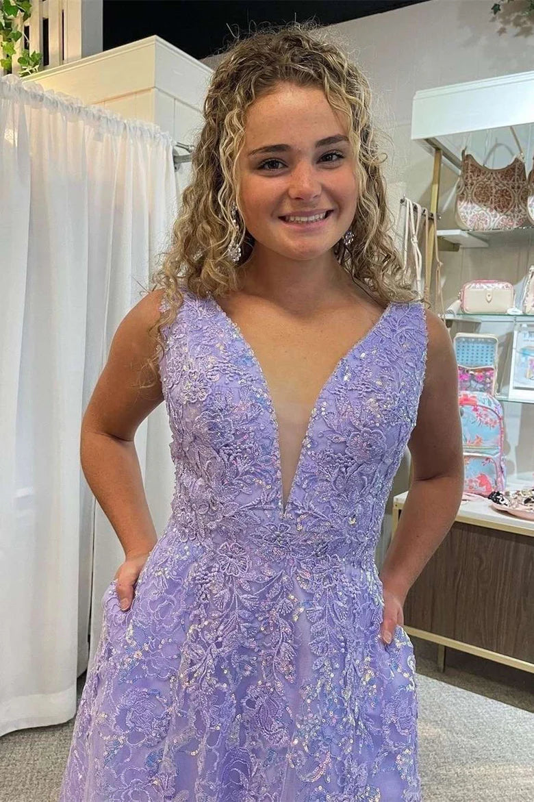 Floral Lace Plunge Neck A-Line Prom Dress