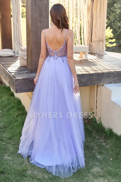 My Hers Ladies Formal Dress Gorgeous Tulle A-Line Spaghetti Strap Backless Side Fork Prom Dress